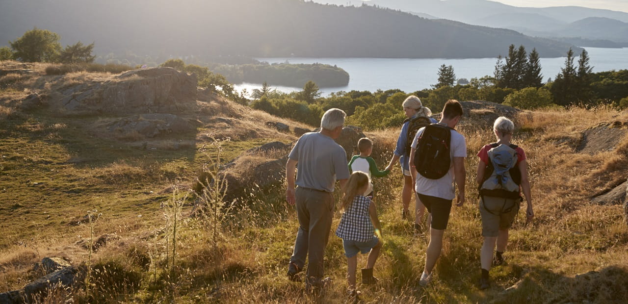 Multigenerational family on a hike.